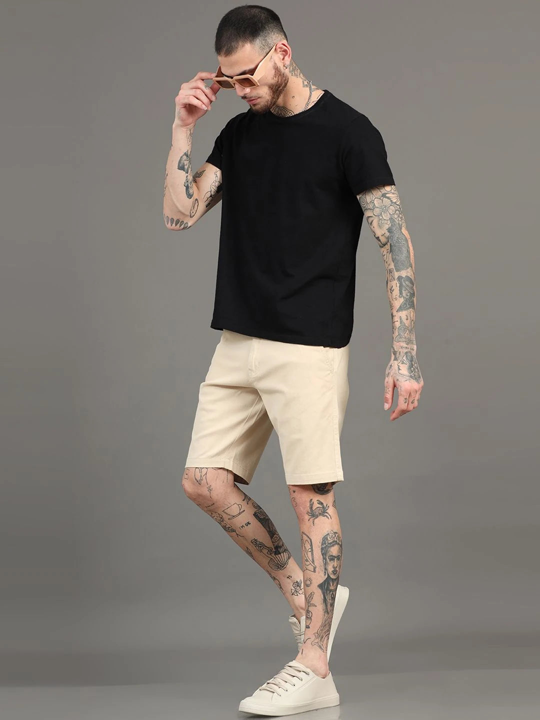 Silisoul Beige Regular Fit Cotton Mid-Rise Button Shorts