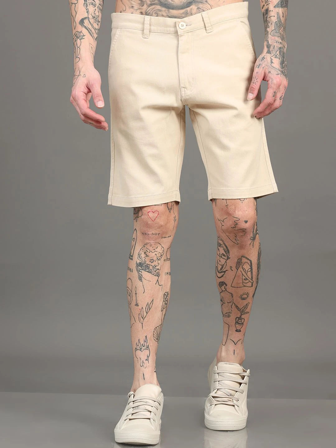 Silisoul Beige Regular Fit Cotton Mid-Rise Button Shorts