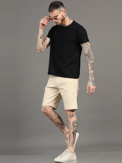 Silisoul Beige Regular Fit Cotton Mid-Rise Button Shorts