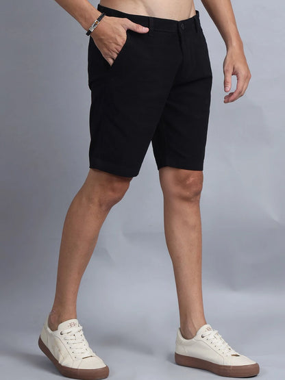 Silisoul Black Regular Fit Cotton Mid-Rise Button Casual Shorts