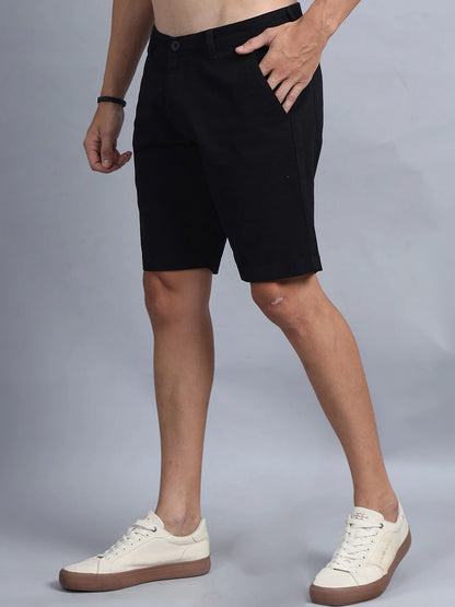 Silisoul Black Regular Fit Cotton Mid-Rise Button Casual Shorts