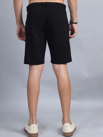 Silisoul Black Regular Fit Cotton Mid-Rise Button Casual Shorts