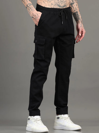 Silisoul Black Regular Fit Cotton Mid-Rise Drawstring Trousers