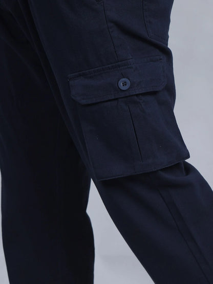 Silisoul Navy Blue Regular Fit Cotton Mid-Rise Woven Trousers