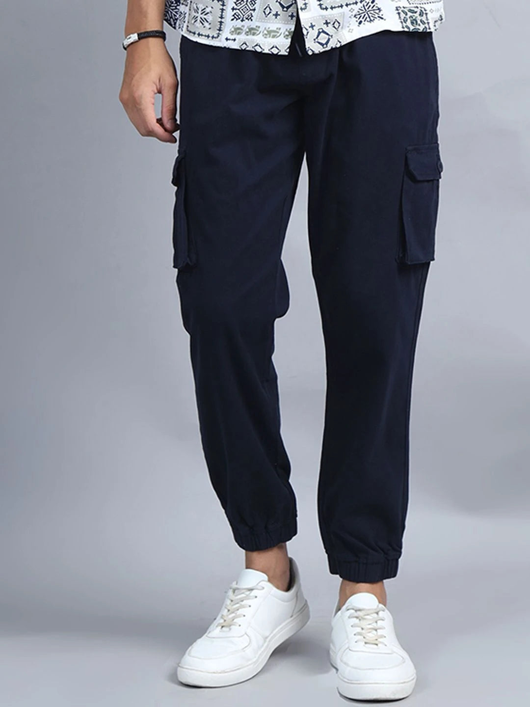 Silisoul Navy Blue Regular Fit Cotton Mid-Rise Woven Trousers