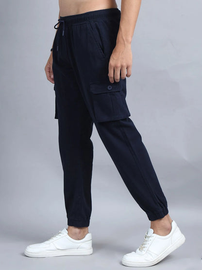 Silisoul Navy Blue Regular Fit Cotton Mid-Rise Woven Trousers