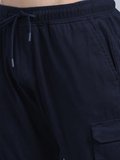 Silisoul Navy Blue Regular Fit Cotton Mid-Rise Woven Trousers