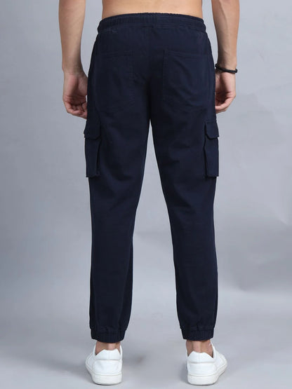 Silisoul Navy Blue Regular Fit Cotton Mid-Rise Woven Trousers
