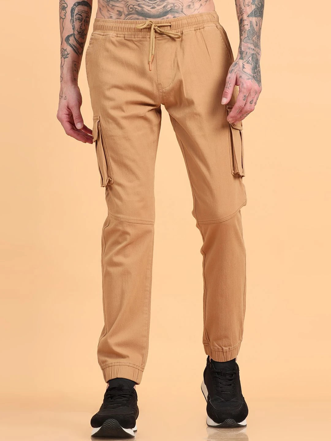 Silisoul Khaki Regular Fit Cotton Mid-Rise Drawstring Trousers