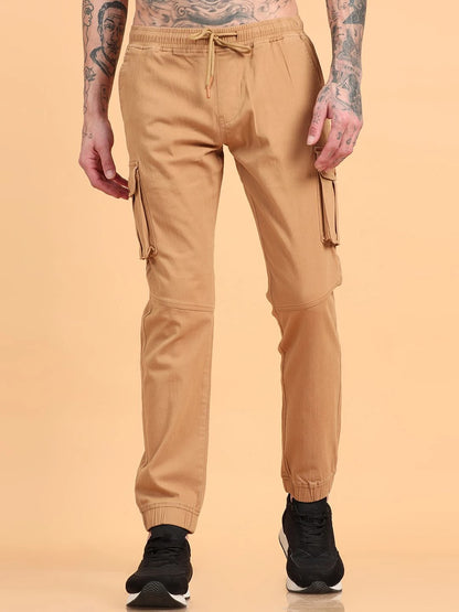Silisoul Khaki Regular Fit Cotton Mid-Rise Drawstring Trousers