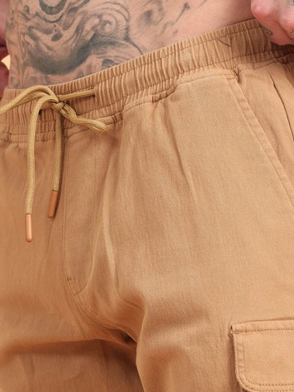 Silisoul Khaki Regular Fit Cotton Mid-Rise Drawstring Trousers
