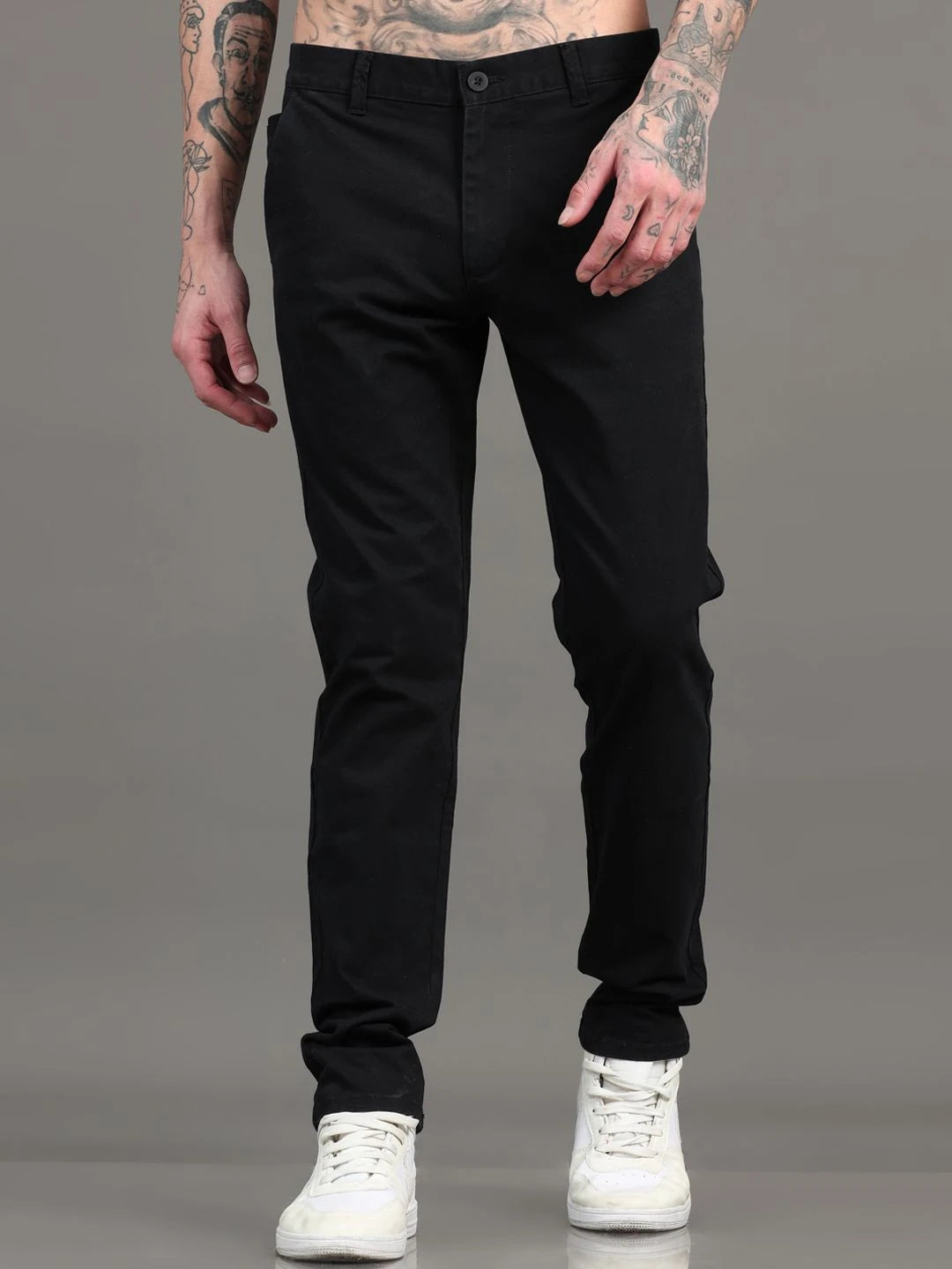 Silisoul Black Regular Fit Cotton Mid-Rise Button Trousers