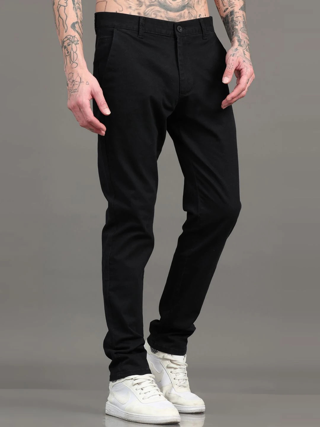 Silisoul Black Regular Fit Cotton Mid-Rise Button Trousers