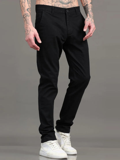 Silisoul Black Regular Fit Cotton Mid-Rise Button Trousers