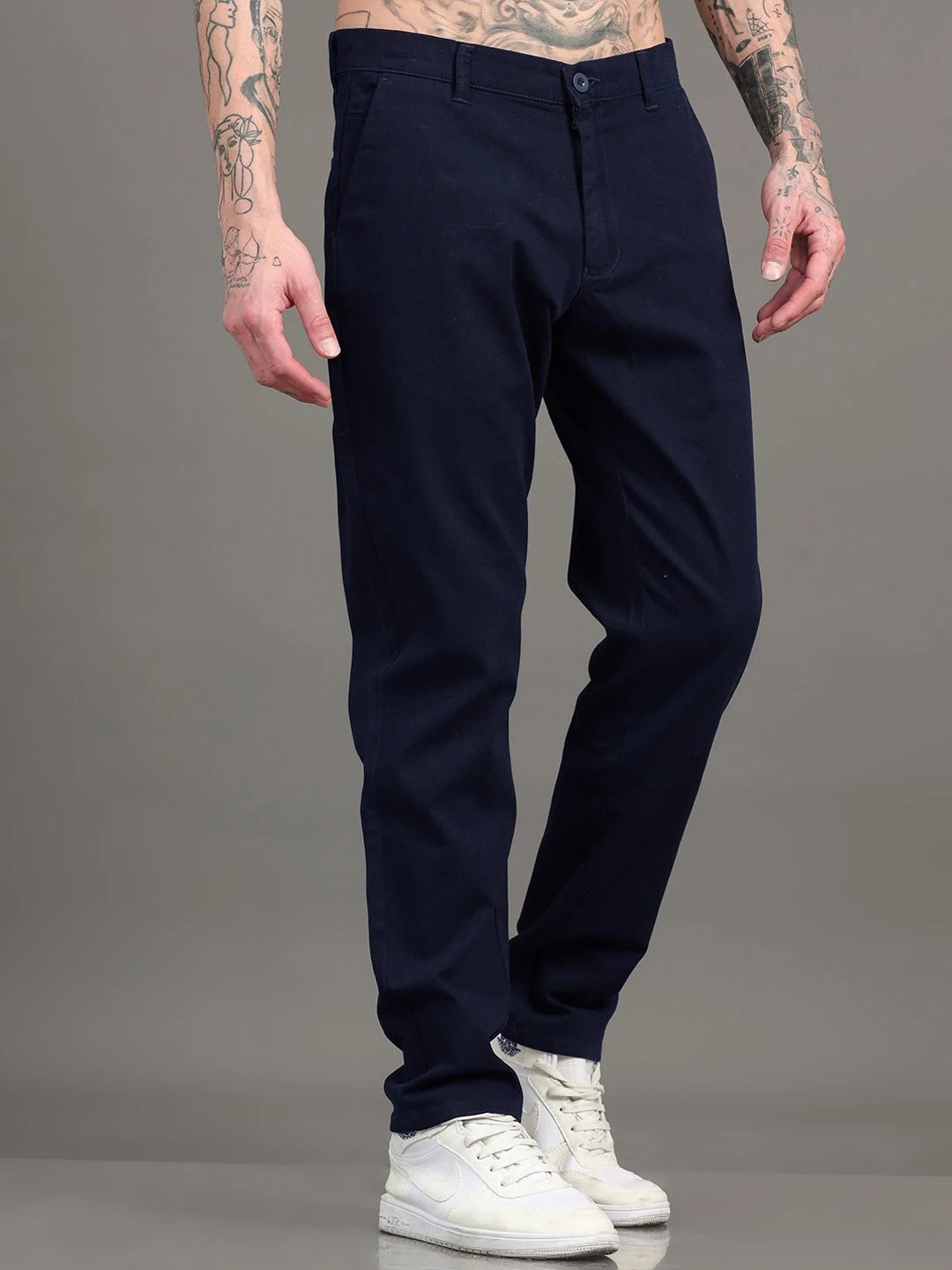 Silisoul Navy Blue Regular Fit Cotton Mid-Rise Trousers