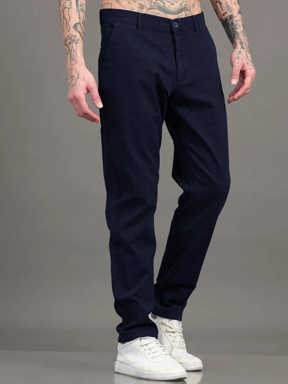 Silisoul Navy Blue Regular Fit Cotton Mid-Rise Trousers