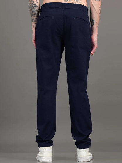 Silisoul Navy Blue Regular Fit Cotton Mid-Rise Trousers