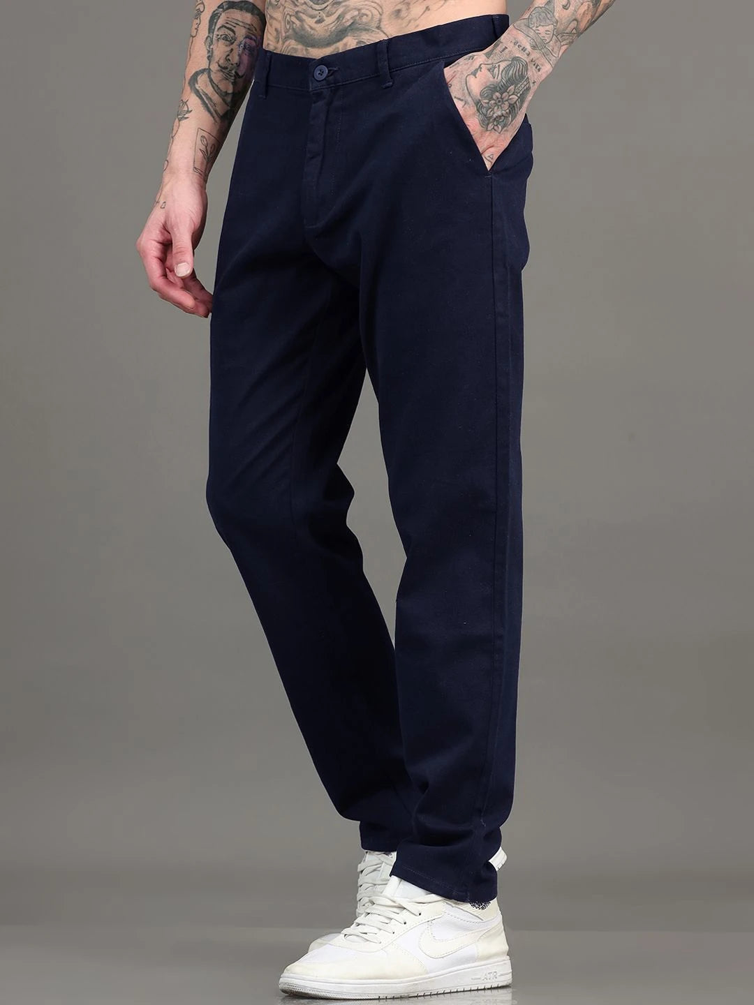 Silisoul Navy Blue Regular Fit Cotton Mid-Rise Trousers