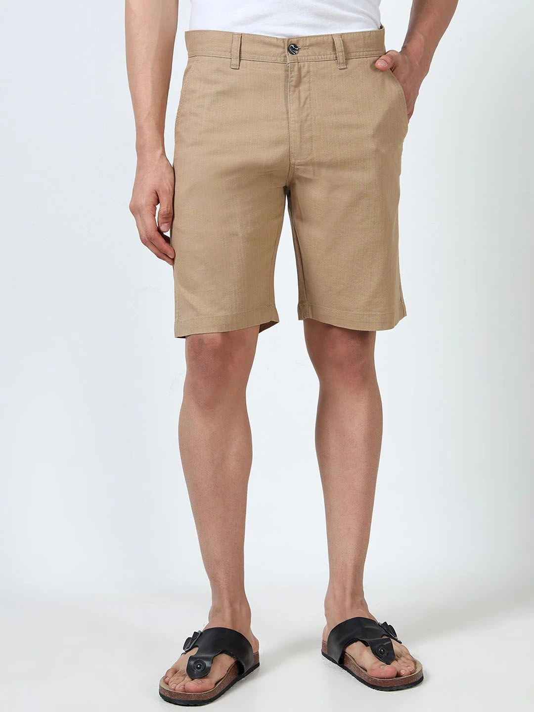 Silisoul Khaki Regular Fit Linen, Polyester Mid-Rise Shorts