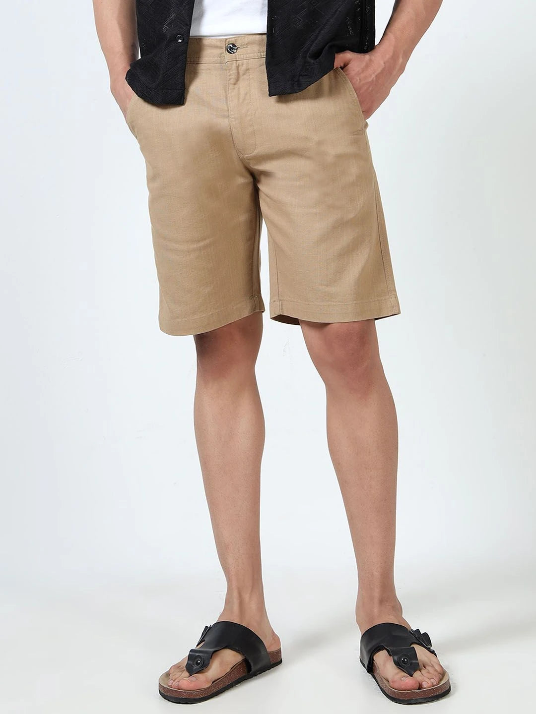 Silisoul Khaki Regular Fit Linen, Polyester Mid-Rise Shorts