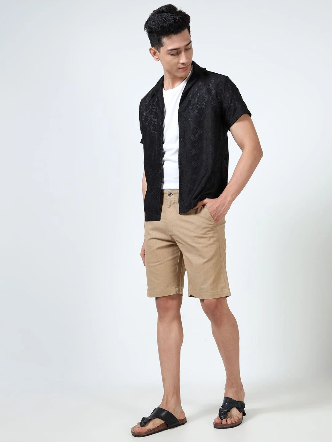 Silisoul Khaki Regular Fit Linen, Polyester Mid-Rise Shorts