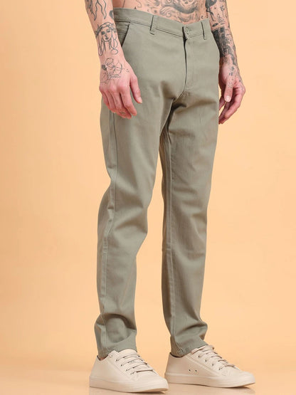 Silisoul Grey Regular Fit Cotton Mid-Rise Button Woven Trousers