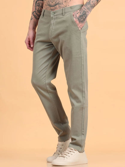 Silisoul Grey Regular Fit Cotton Mid-Rise Button Woven Trousers