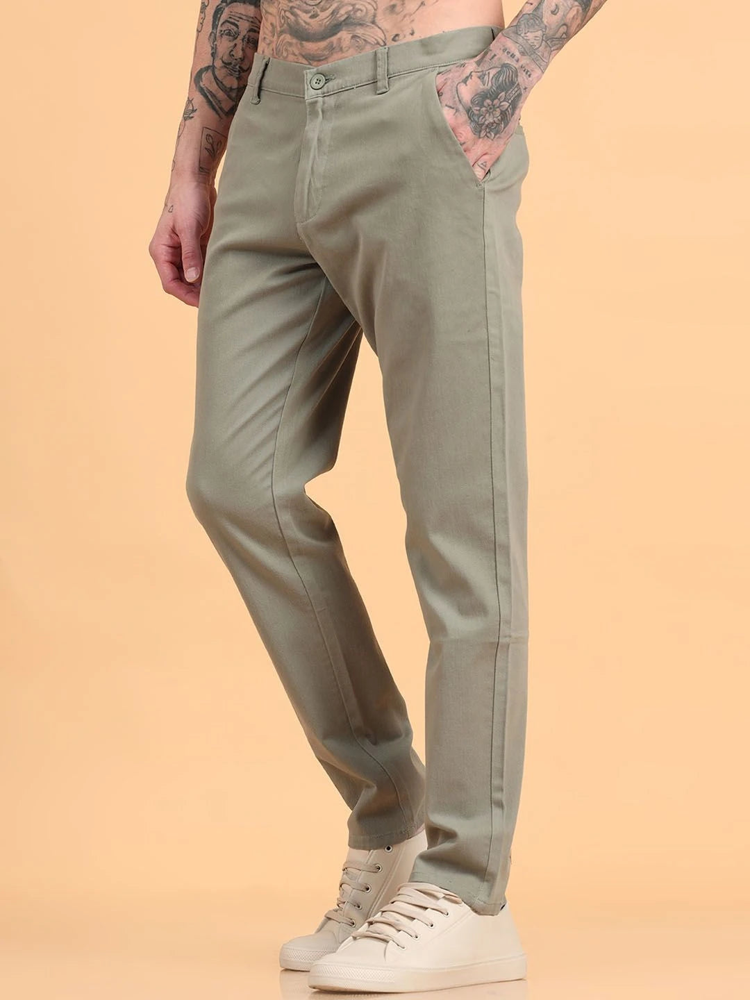 Silisoul Grey Regular Fit Cotton Mid-Rise Button Woven Trousers