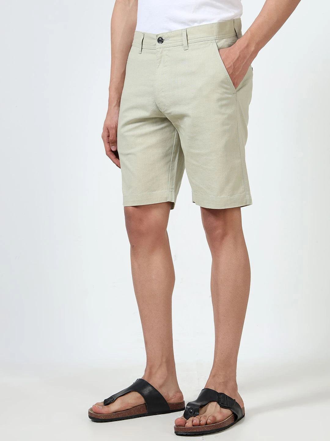 Silisoul Off White Regular Fit Linen Mid-Rise Button Shorts