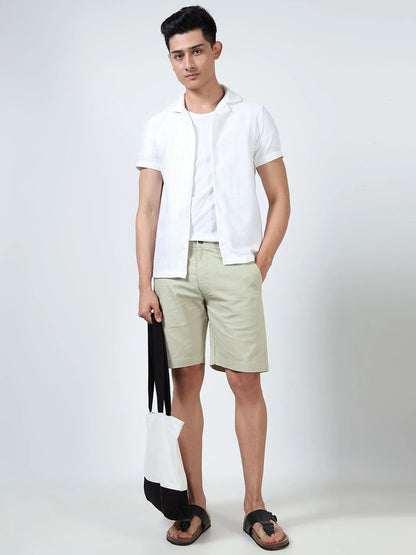 Silisoul Off White Regular Fit Linen Mid-Rise Button Shorts