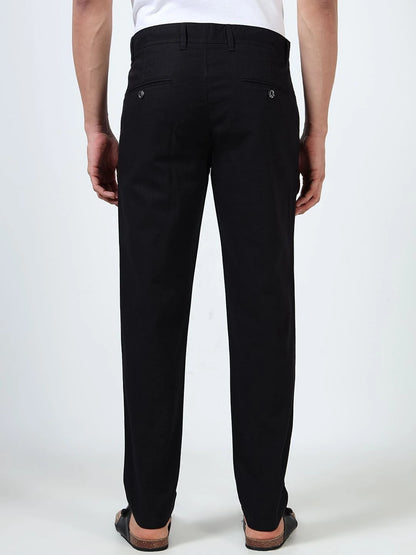 Silisoul Black Regular Fit Linen Mid-Rise Button Trousers