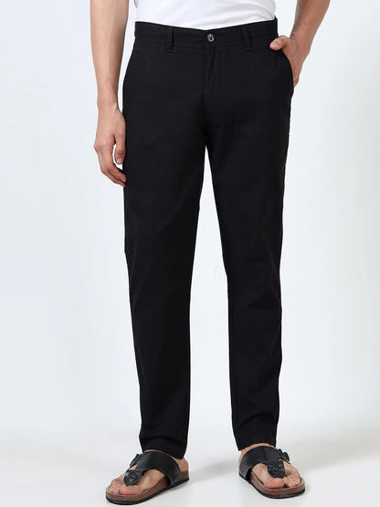 Silisoul Black Regular Fit Linen Mid-Rise Button Trousers