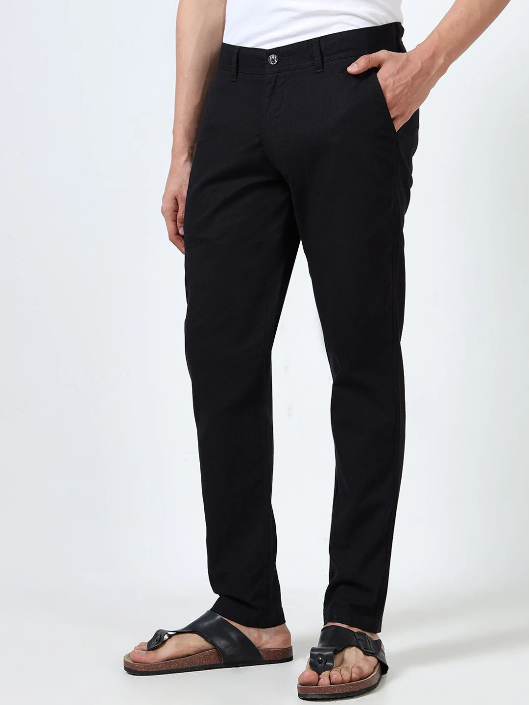 Silisoul Black Regular Fit Linen Mid-Rise Button Trousers