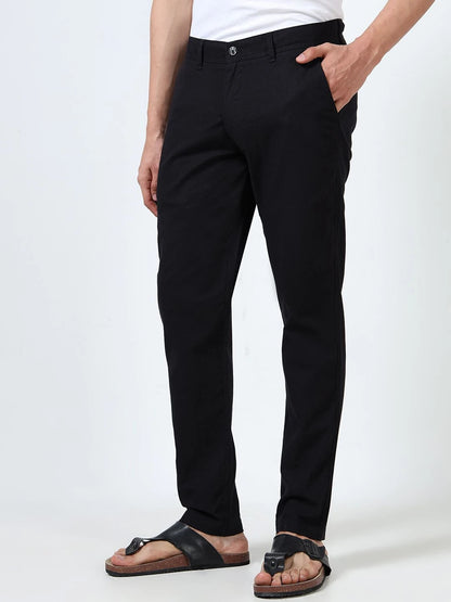 Silisoul Black Regular Fit Linen Mid-Rise Button Trousers
