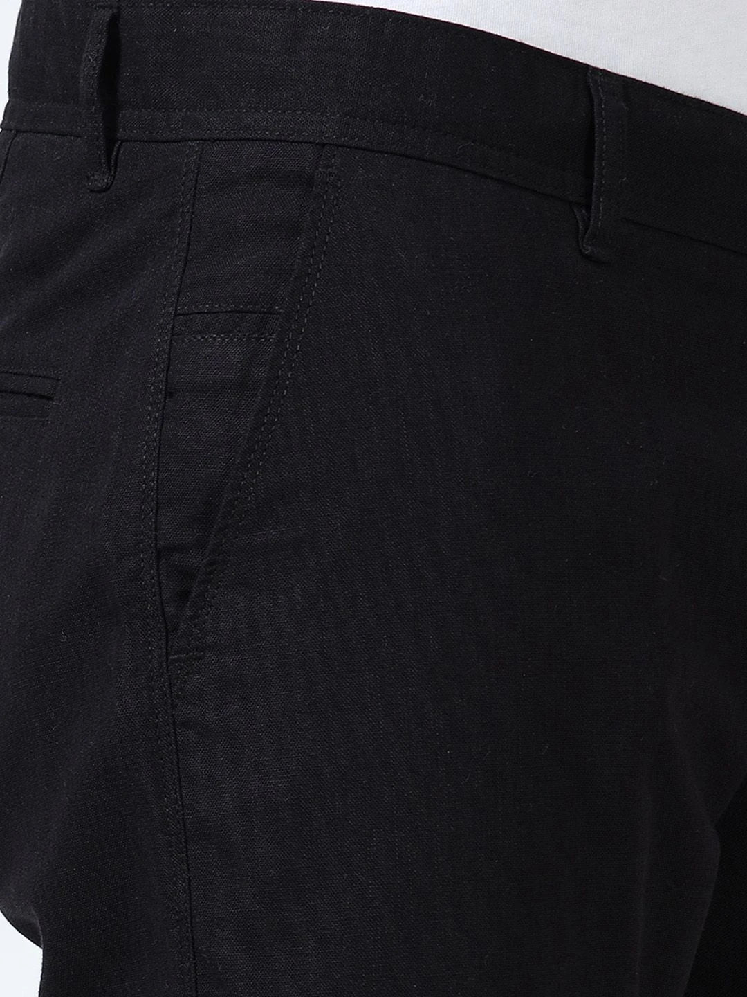Silisoul Black Regular Fit Linen Mid-Rise Button Trousers