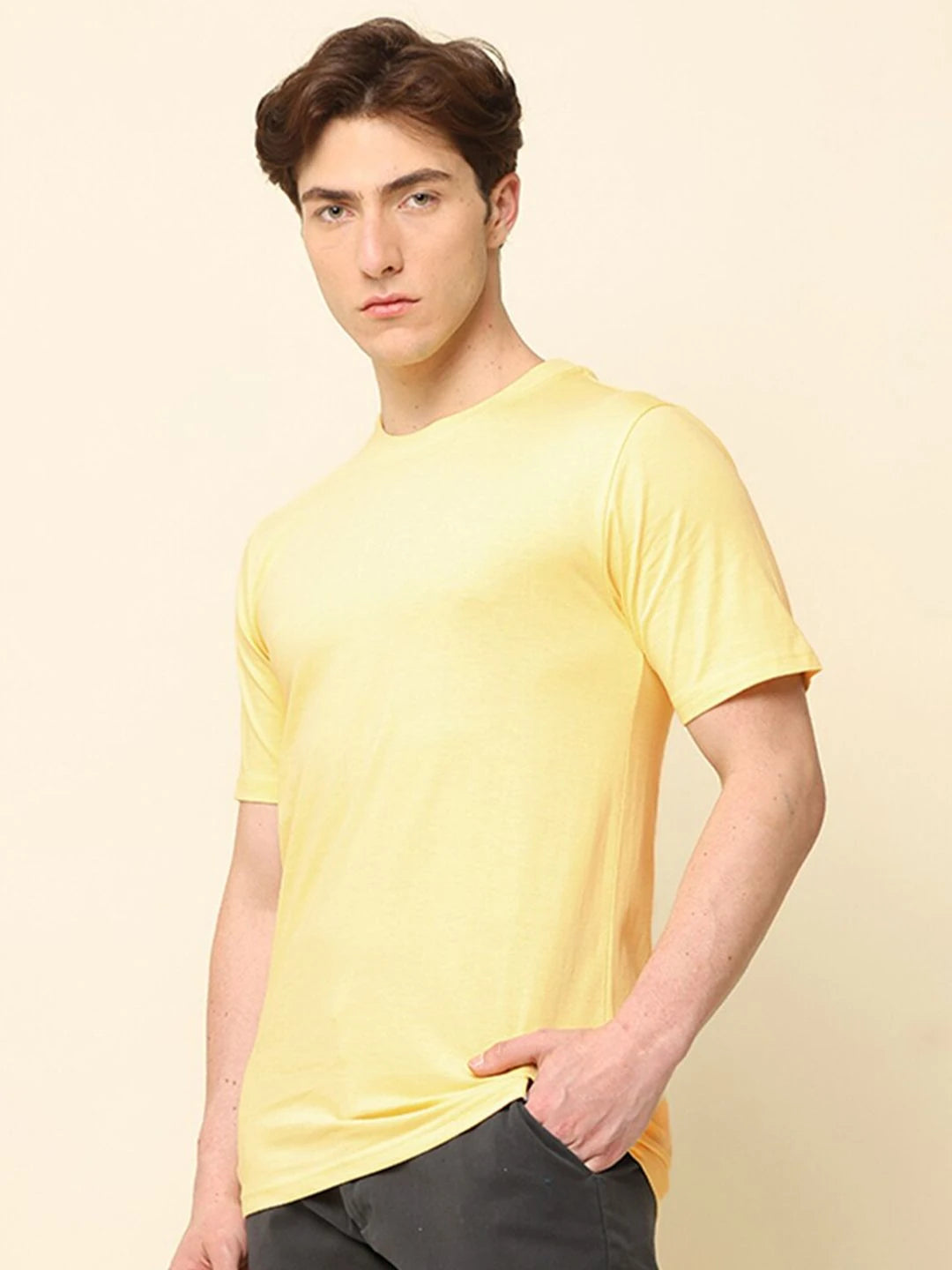 Silisoul Yellow Regular Fit Cotton Short Sleeves Round Neck T-Shirt