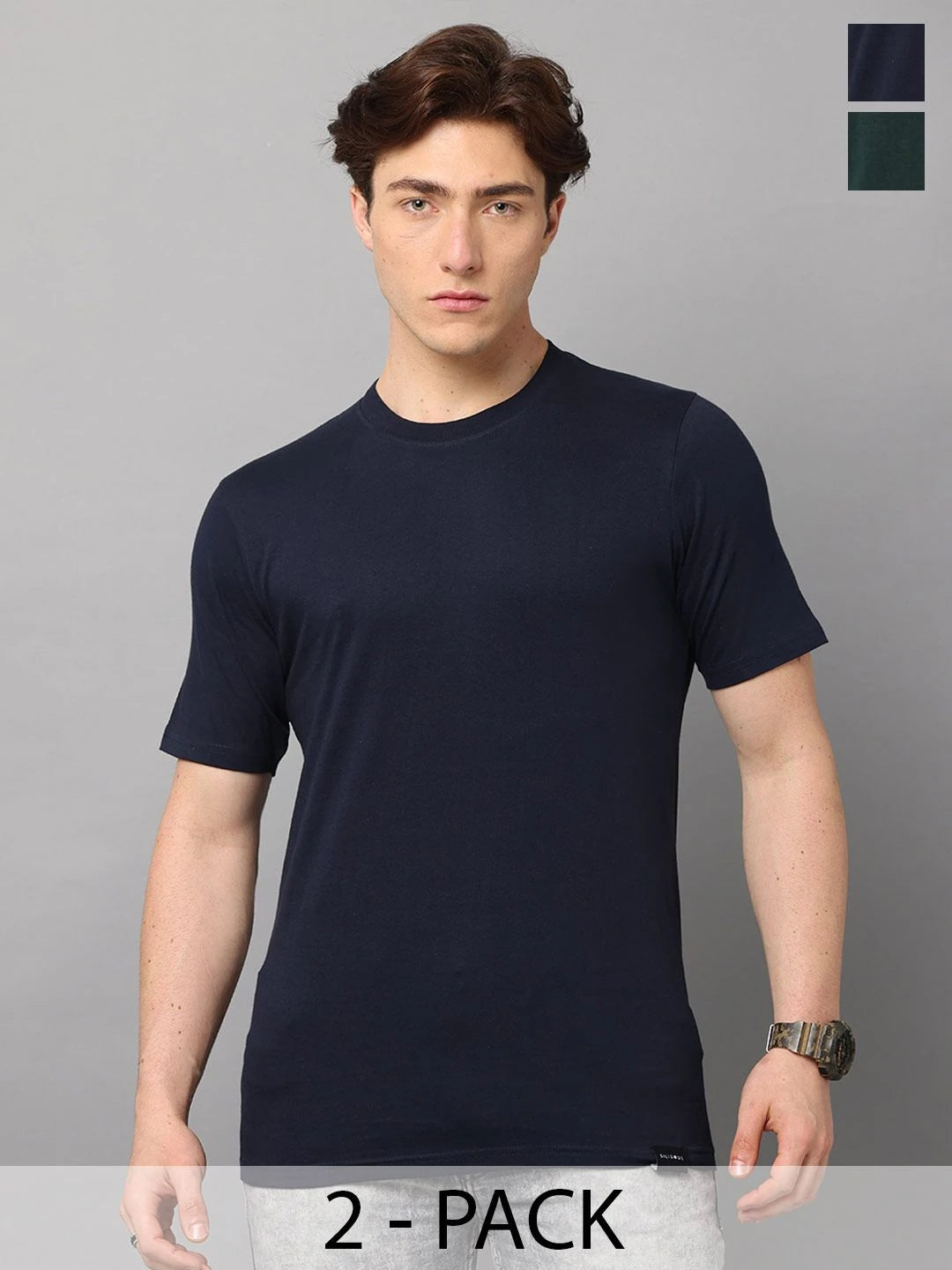 Silisoul Navy Blue Regular Fit Pure Cotton Short Sleeves T-Shirt
