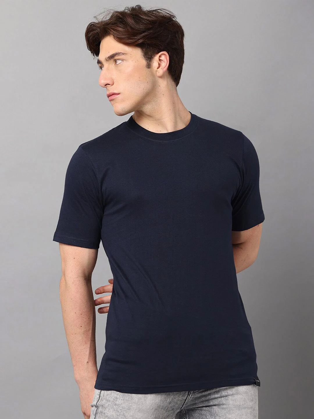 Silisoul Navy Blue Regular Fit Pure Cotton Short Sleeves T-Shirt