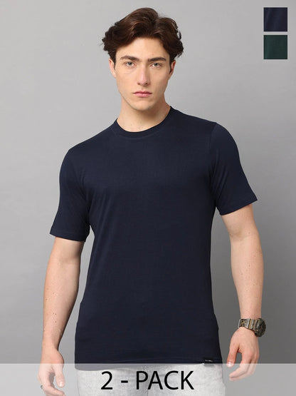 Silisoul Navy Blue Regular Fit Pure Cotton Short Sleeves T-Shirt