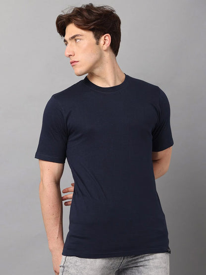 Silisoul Navy Blue Regular Fit Pure Cotton Short Sleeves T-Shirt