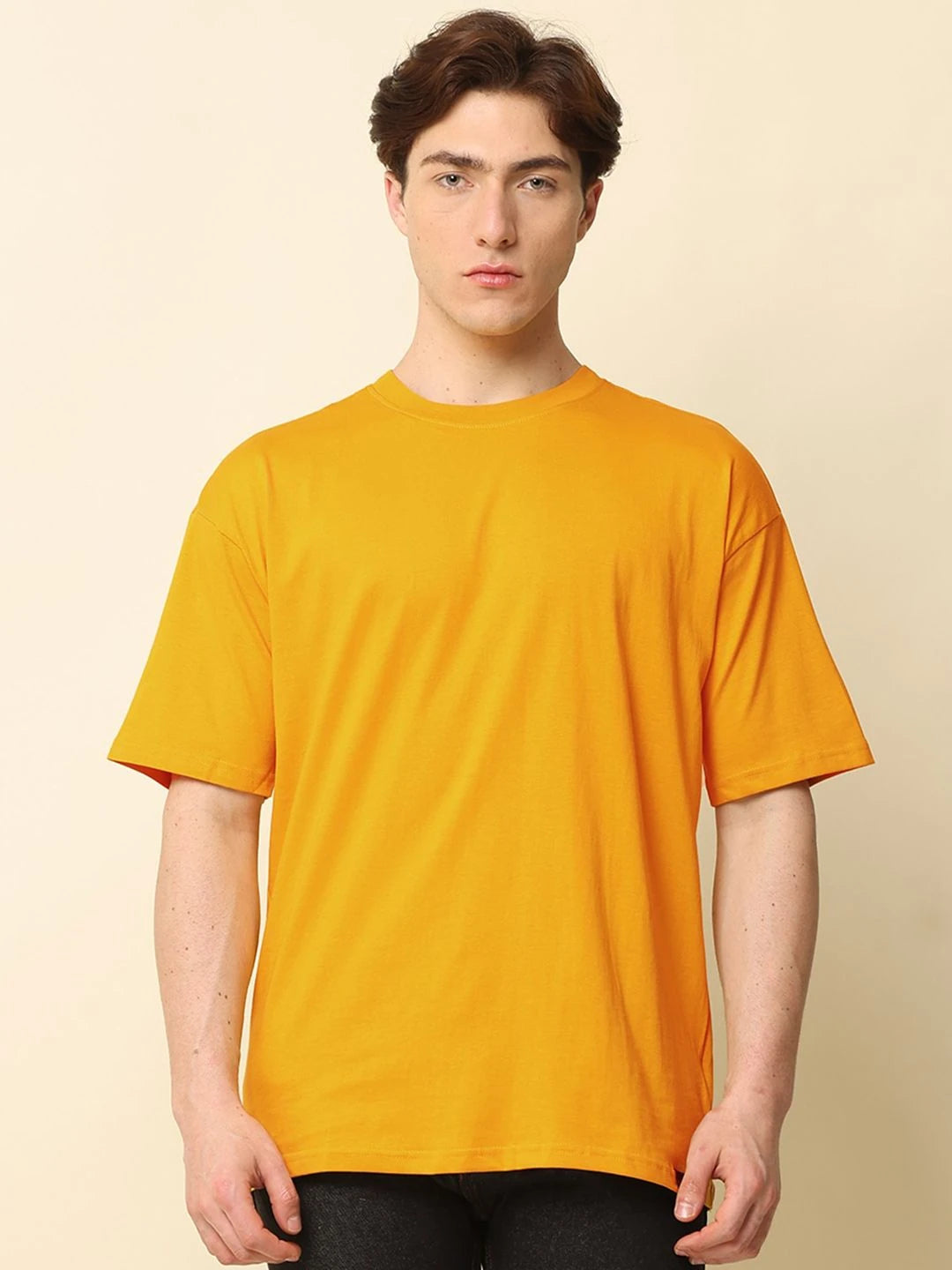Silisoul Mustard Oversized Fit Cotton Short Sleeves Round Neck T-Shirt