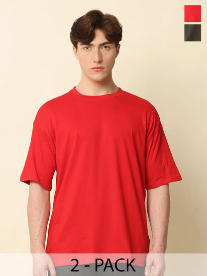 Silisoul Olive Oversized Fit Cotton Short Sleeves Round Neck T-Shirt