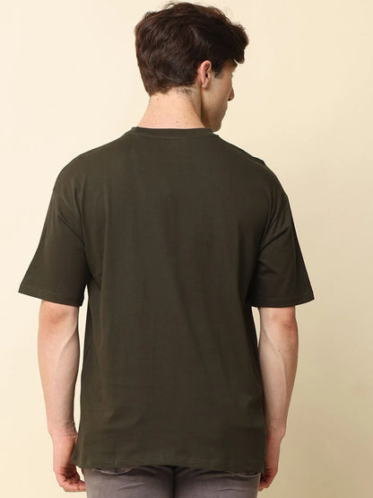 Silisoul Olive Oversized Fit Cotton Short Sleeves Round Neck T-Shirt