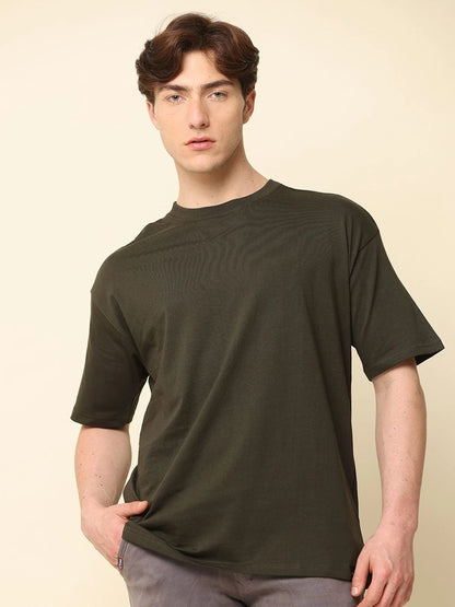 Silisoul Olive Oversized Fit Cotton Short Sleeves Round Neck T-Shirt