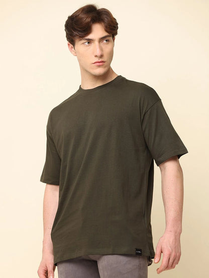 Silisoul Olive Oversized Fit Cotton Short Sleeves Round Neck T-Shirt