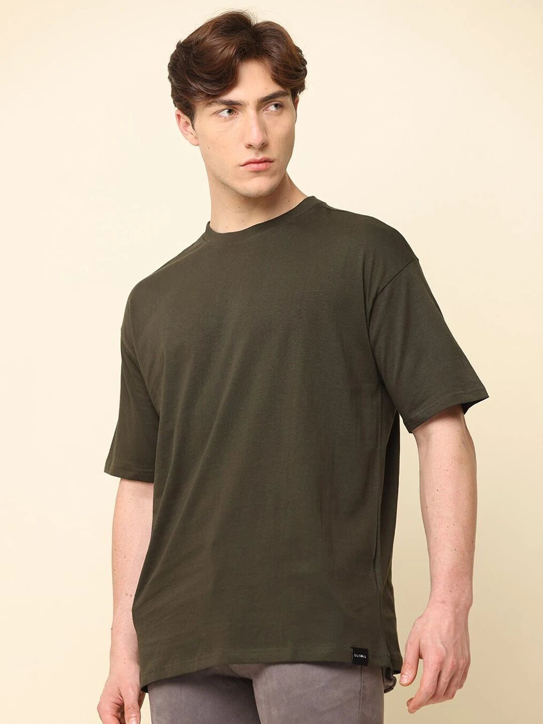 Silisoul Olive Oversized Fit Cotton Short Sleeves Round Neck T-Shirt