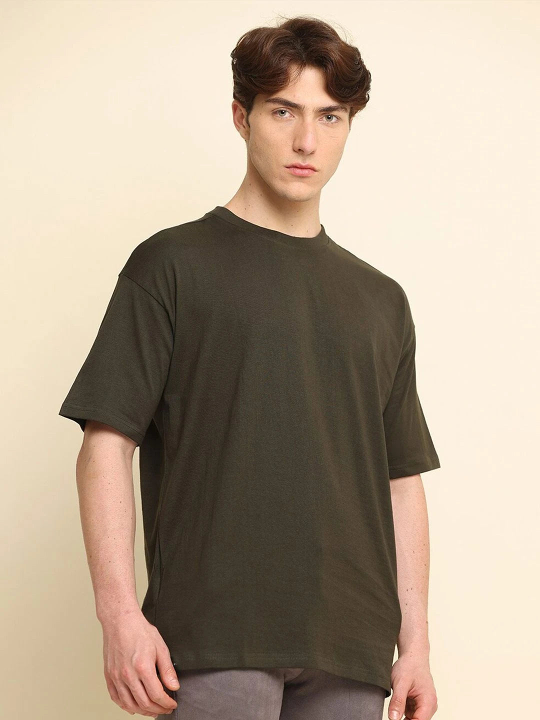 Silisoul Olive Oversized Fit Cotton Short Sleeves Bio Finish T-Shirt