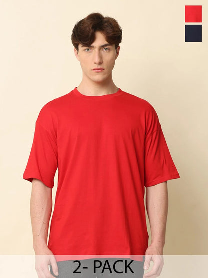 Silisoul Red Oversized Fit Pure Cotton Short Sleeves Round Neck T-Shirt