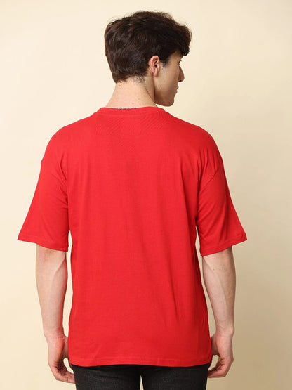 Silisoul Red Oversized Fit Pure Cotton Short Sleeves Round Neck T-Shirt