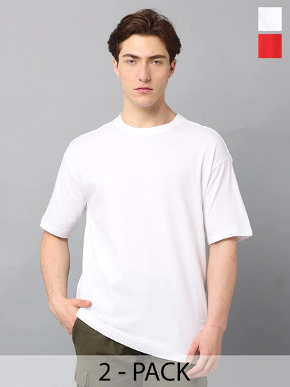 Silisoul Red Oversized Fit Cotton Short Sleeves Round Neck T-Shirt